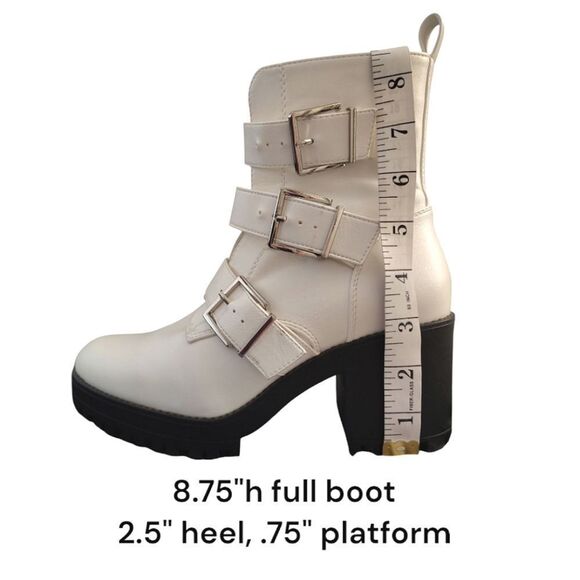 Forever 21 White Faux Leather Buckle Chunky Platform Ankle Boots Size 8 - Picture 12 of 14